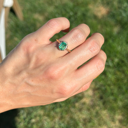 14KT Yellow Gold .74 CT Emerald-Cut Emerald + Diamond Ring