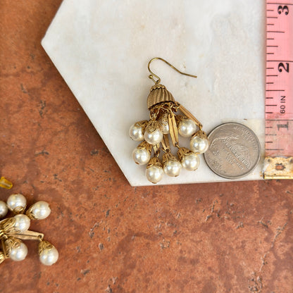 Estate Yellow Gold-Plated Round Pearl Bead Chandelier Dangle Drop Earrings