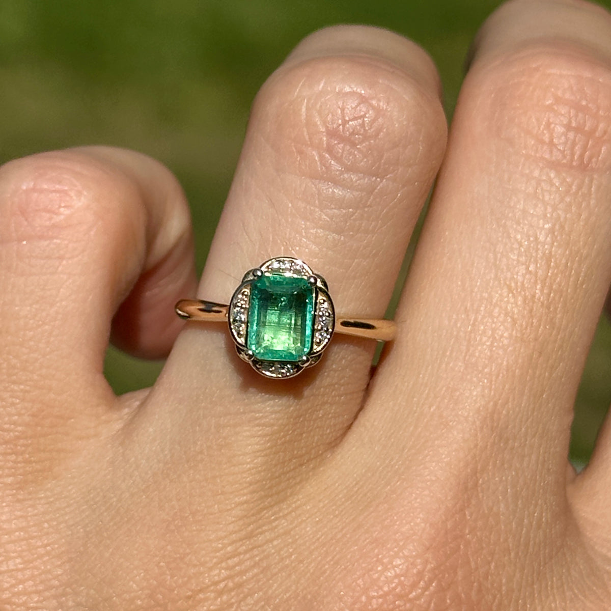 14KT Yellow Gold .74 CT Emerald-Cut Emerald + Diamond Ring