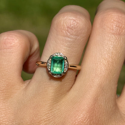 14KT Yellow Gold .74 CT Emerald-Cut Emerald + Diamond Ring