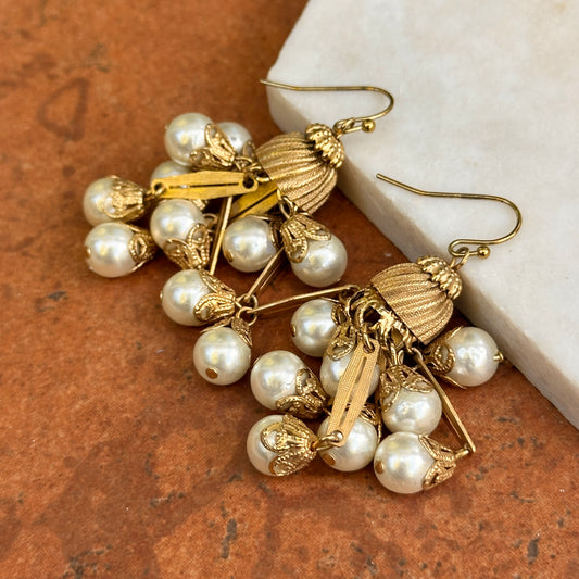 Estate Yellow Gold-Plated Round Pearl Bead Chandelier Dangle Drop Earrings