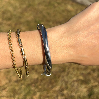 Sterling Silver Shiny 8mm Round Twisted Textured Hinged Bangle Bracelet