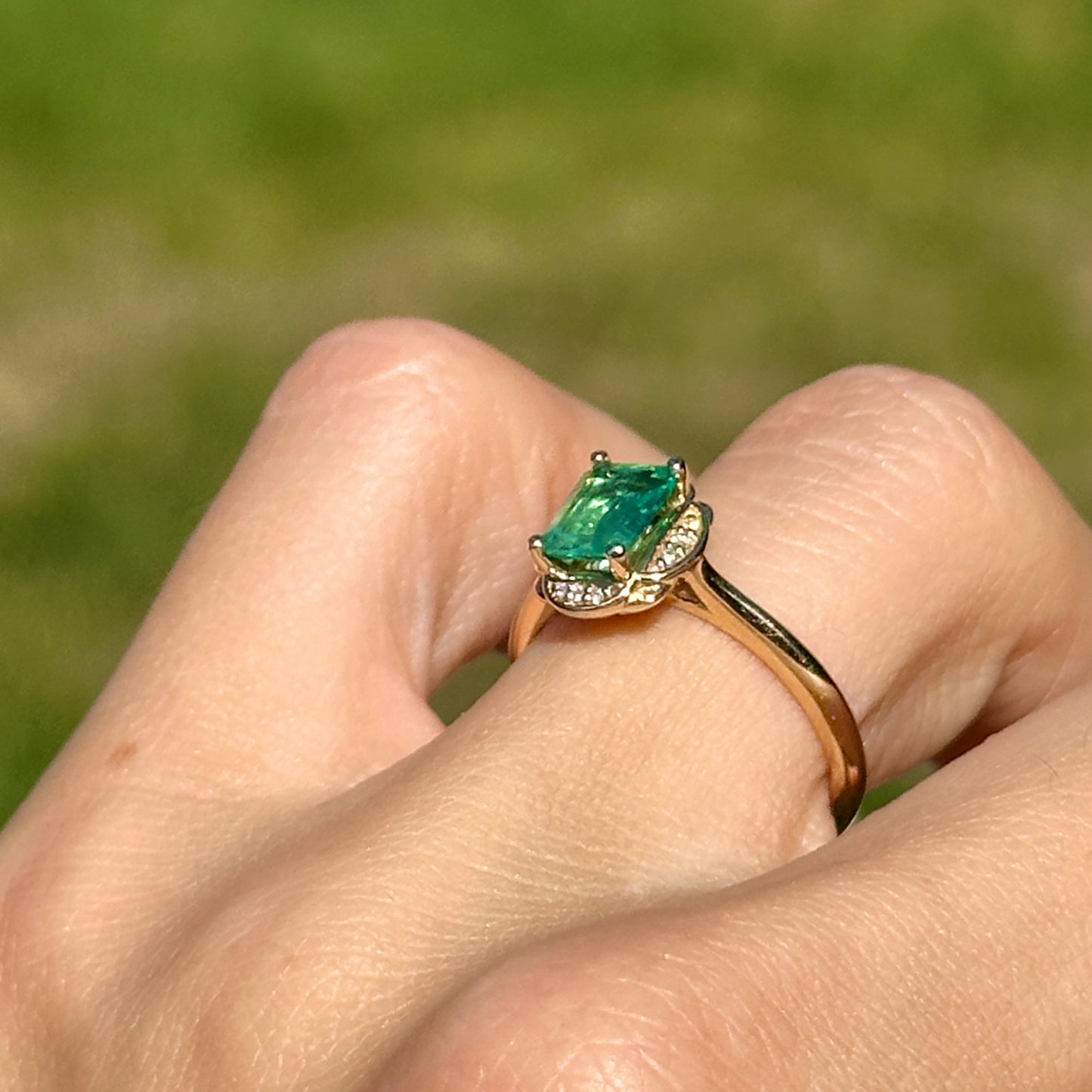 14KT Yellow Gold .74 CT Emerald-Cut Emerald + Diamond Ring