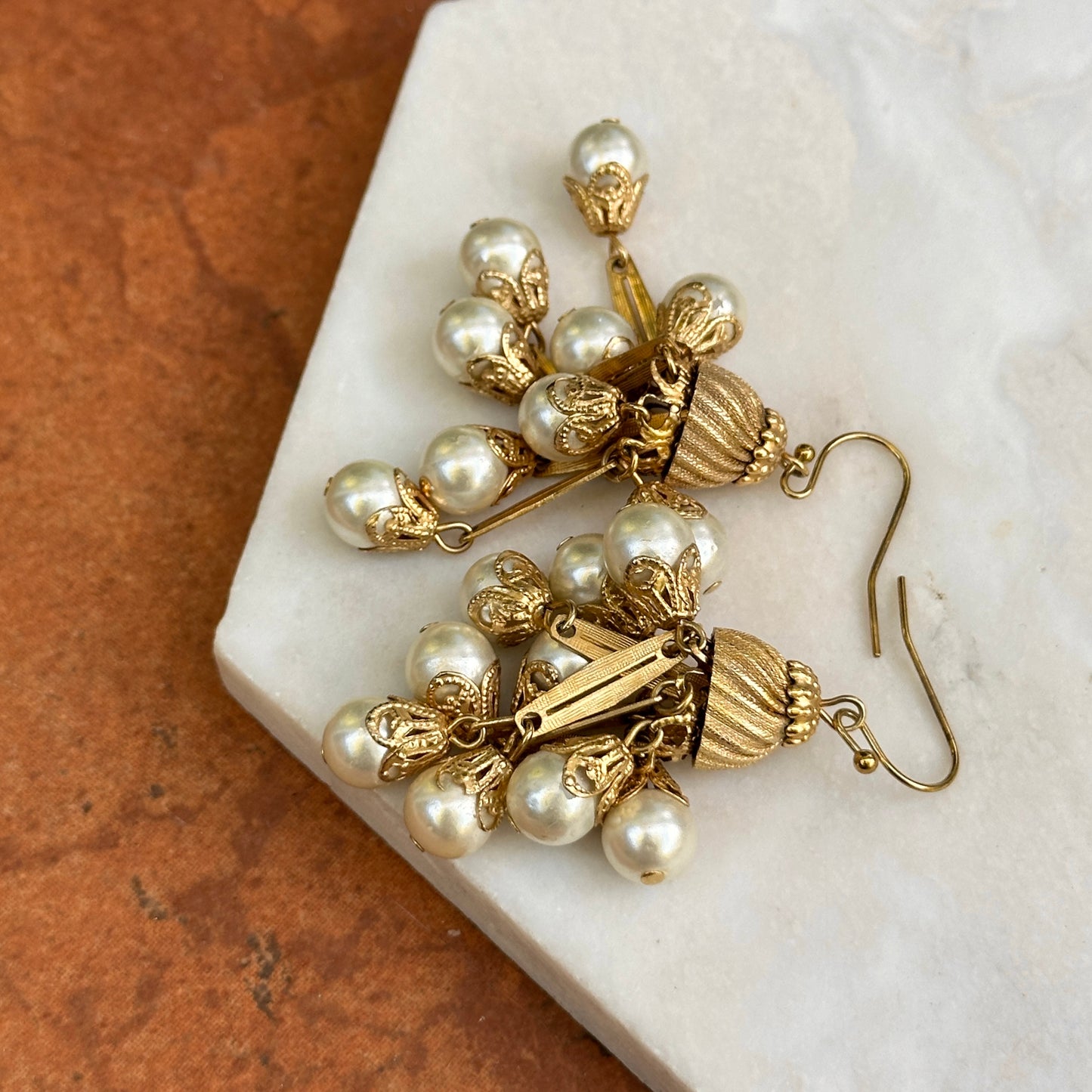 Estate Yellow Gold-Plated Round Pearl Bead Chandelier Dangle Drop Earrings