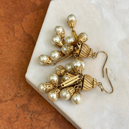 Estate Yellow Gold-Plated Round Pearl Bead Chandelier Dangle Drop Earrings