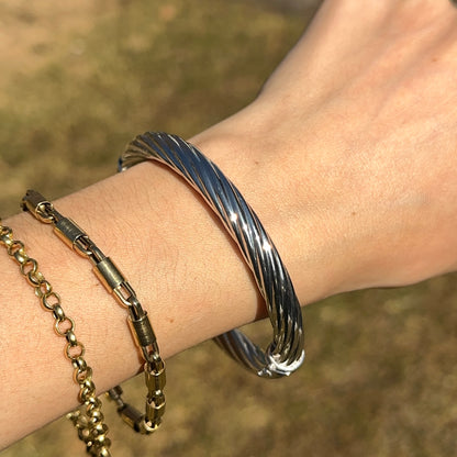 Sterling Silver Shiny 8mm Round Twisted Textured Hinged Bangle Bracelet