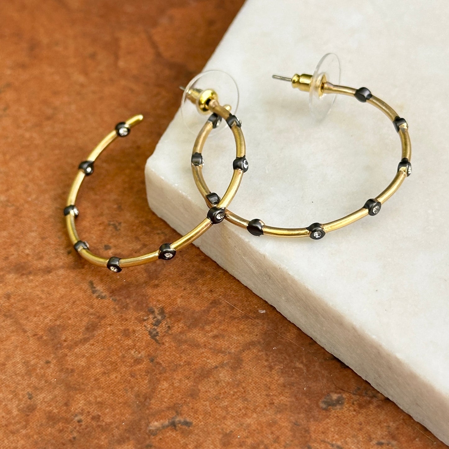 Yellow + Black Gold-Plated Round Cubic Zirconia Inside/Out Hoop Earrings