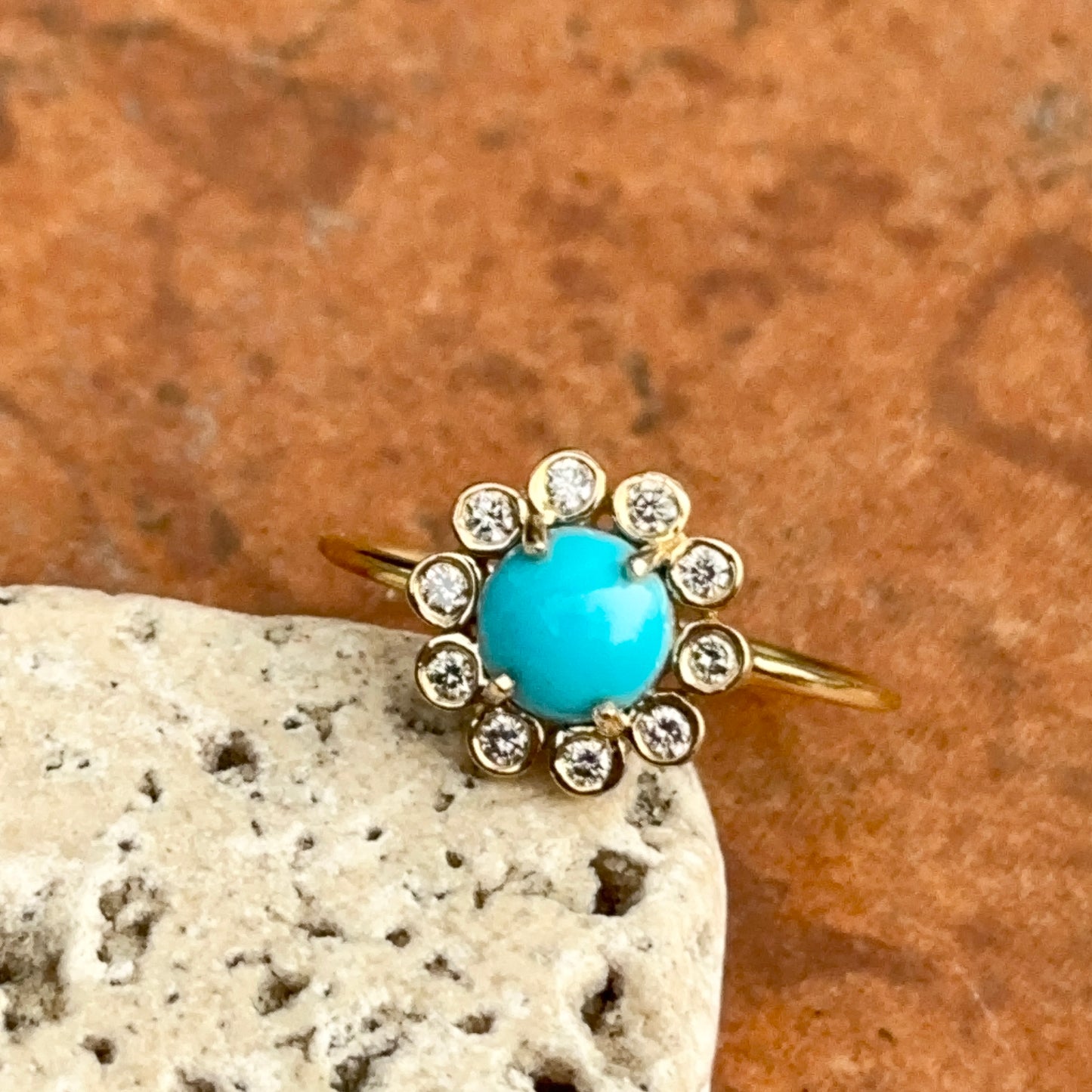 18KT Yellow Gold Round Turquoise + Bezel Diamond Halo Ring