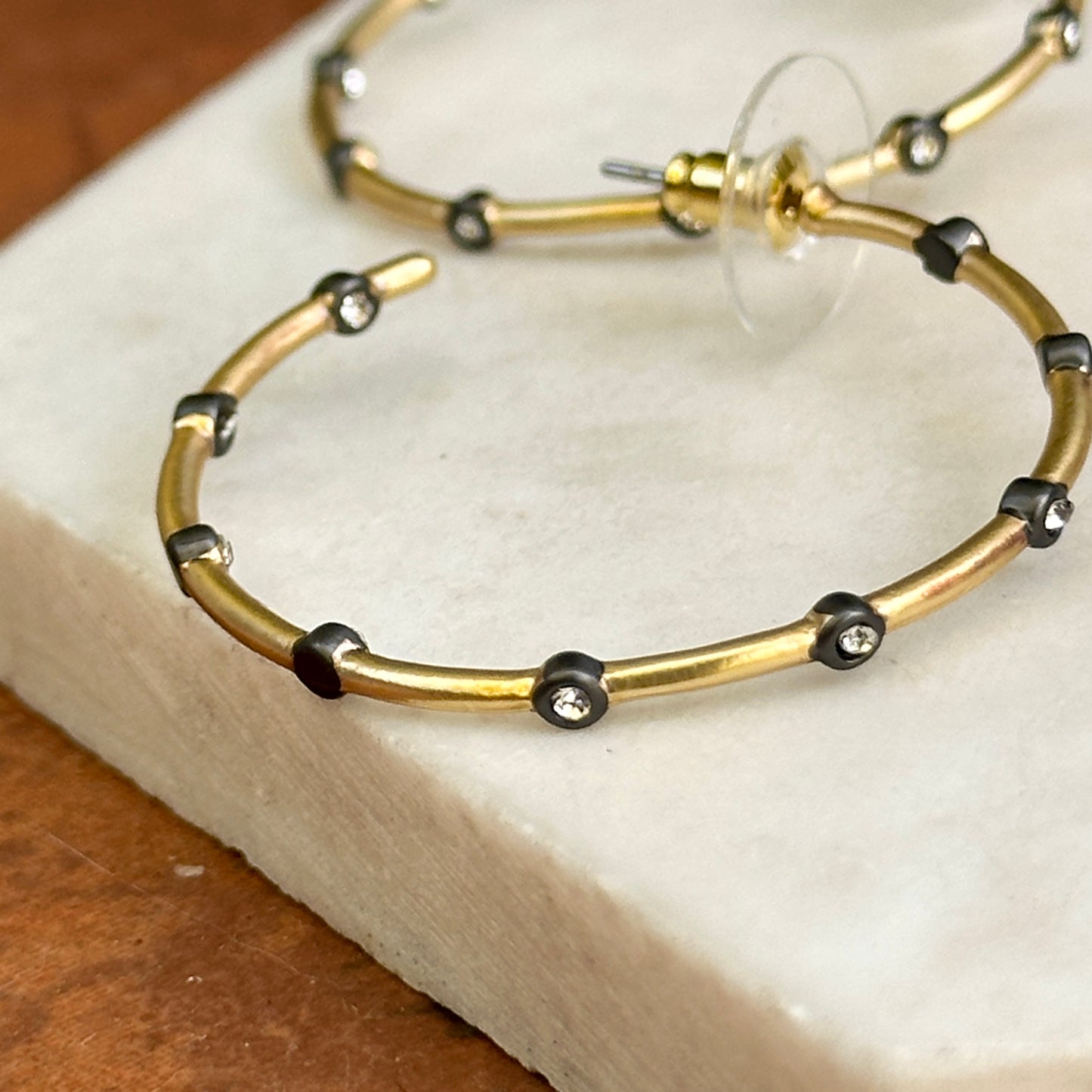 Yellow + Black Gold-Plated Round Cubic Zirconia Inside/Out Hoop Earrings