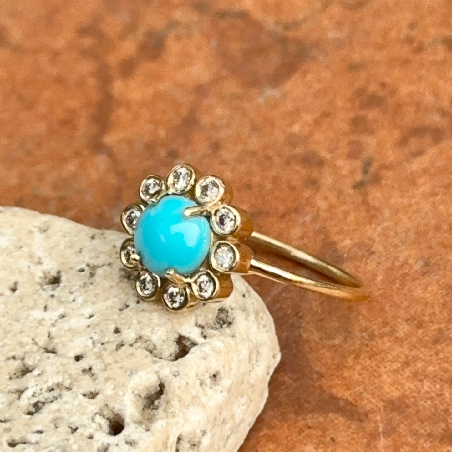 18KT Yellow Gold Round Turquoise + Bezel Diamond Halo Ring