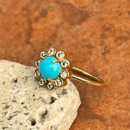18KT Yellow Gold Round Turquoise + Bezel Diamond Halo Ring