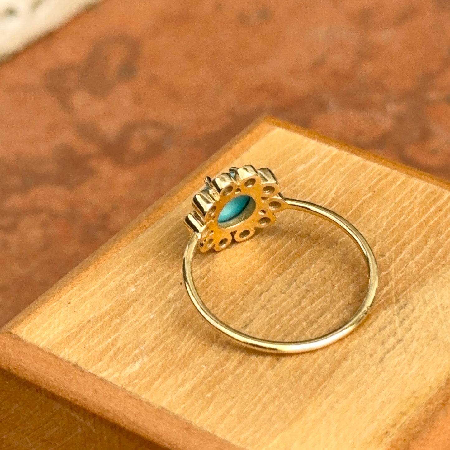 18KT Yellow Gold Round Turquoise + Bezel Diamond Halo Ring
