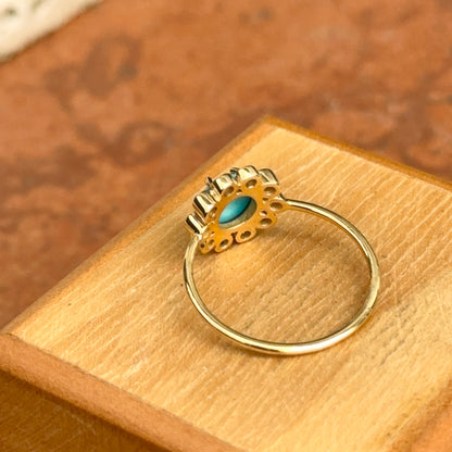 18KT Yellow Gold Round Turquoise + Bezel Diamond Halo Ring