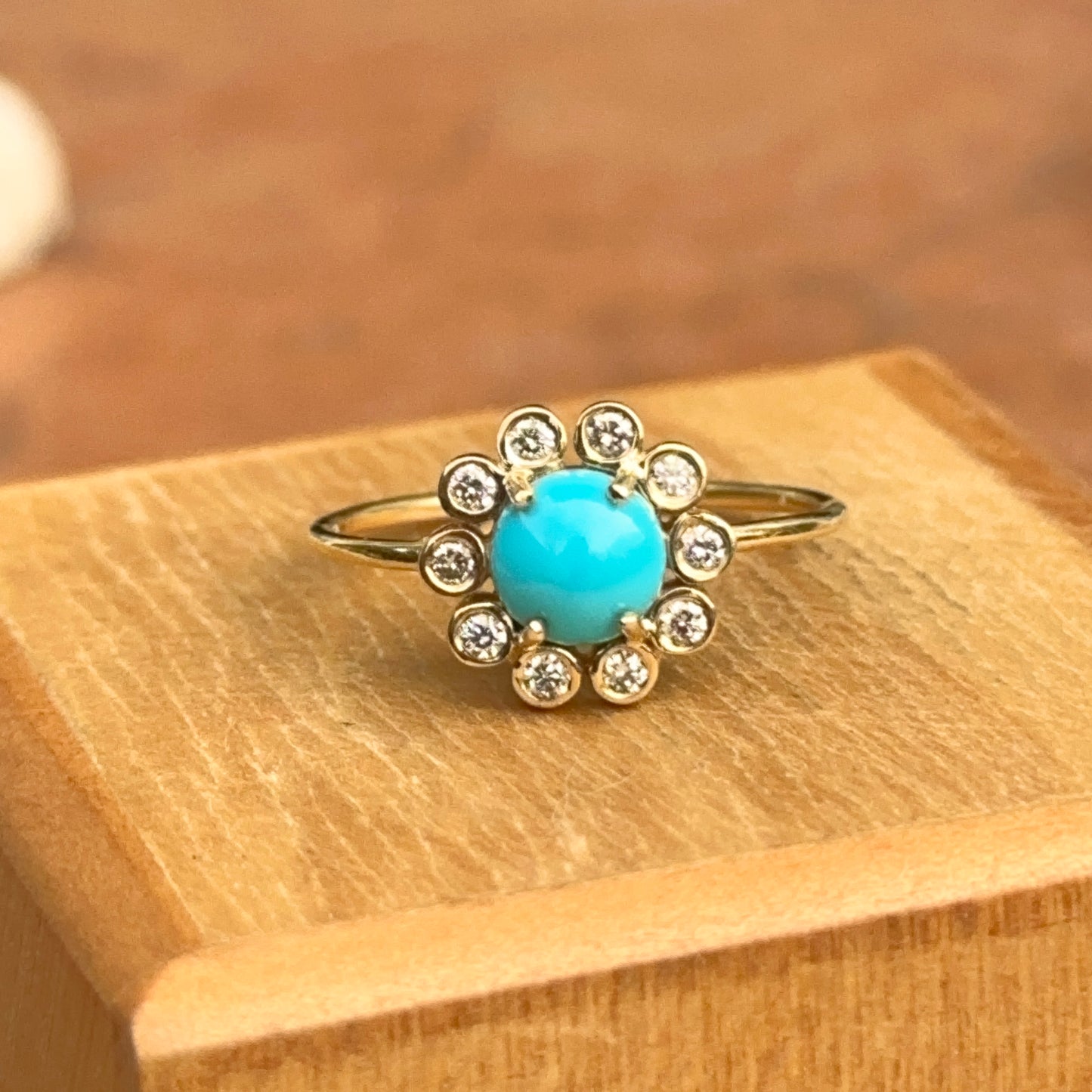 18KT Yellow Gold Round Turquoise + Bezel Diamond Halo Ring