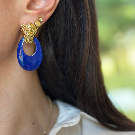 Estate Royal Blue Howlite Oval Door Knocker Earring Charms