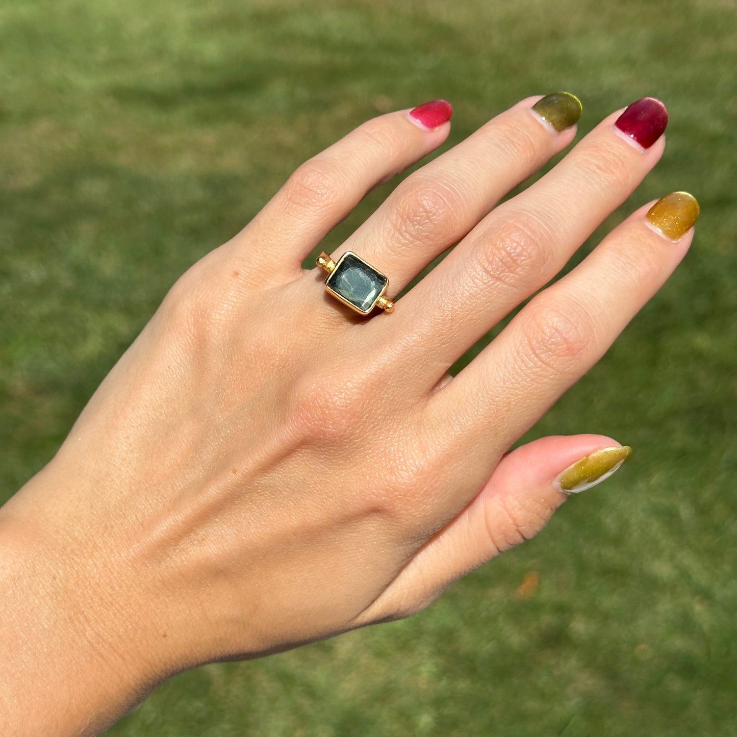 18KT Yellow Gold-Plated White + Green Stone Reversible Textured Ring