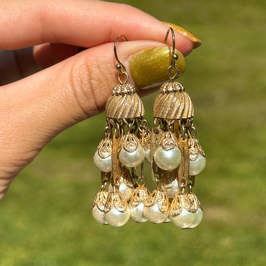 Estate Yellow Gold-Plated Round Pearl Bead Chandelier Dangle Drop Earrings