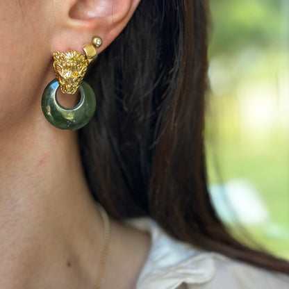 Estate Serpentine Green Jade Round Door Knocker Earring Charms