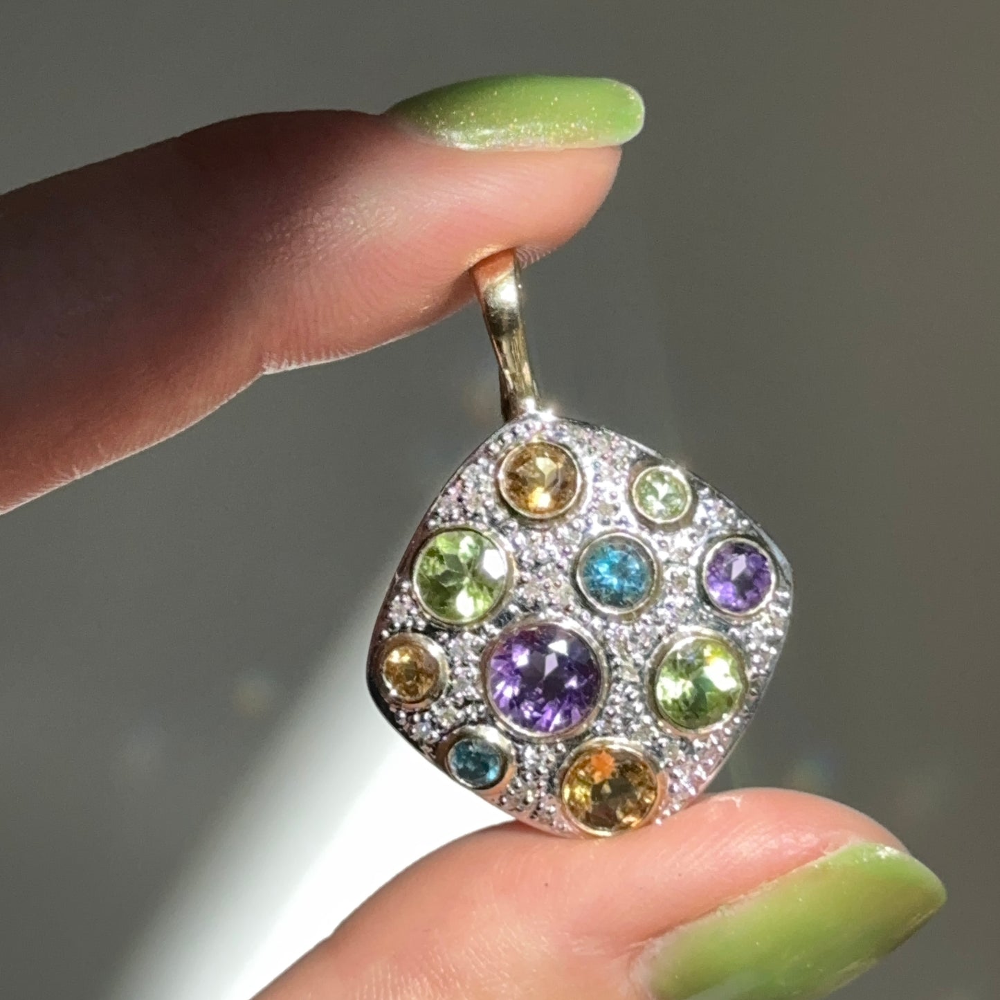 Estate 14KT Yellow + White Gold Round Citrine Amethyst Blue Topaz Textured Pendant Enhancer