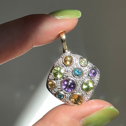 Estate 14KT Yellow + White Gold Round Citrine Amethyst Blue Topaz Textured Pendant Enhancer