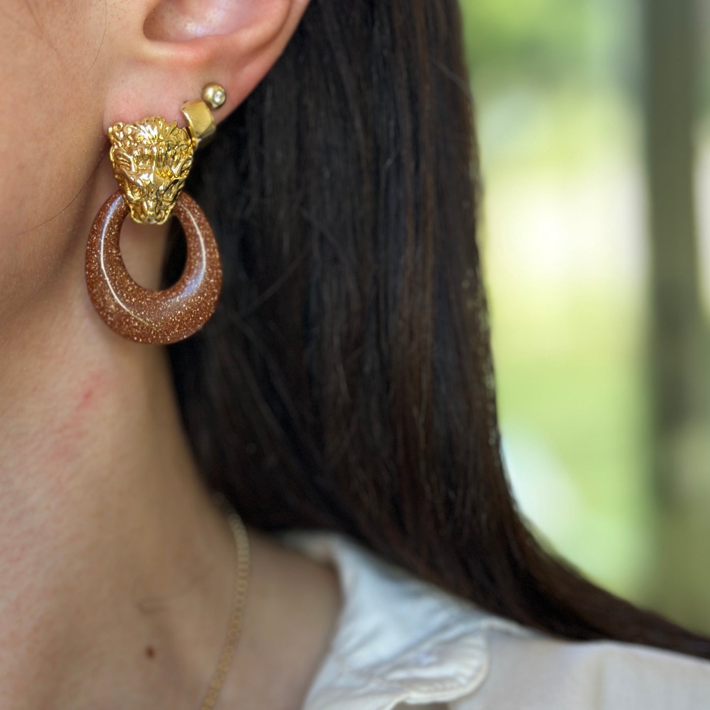 Estate Gold-Plated Lion Head Omega Back Earrings