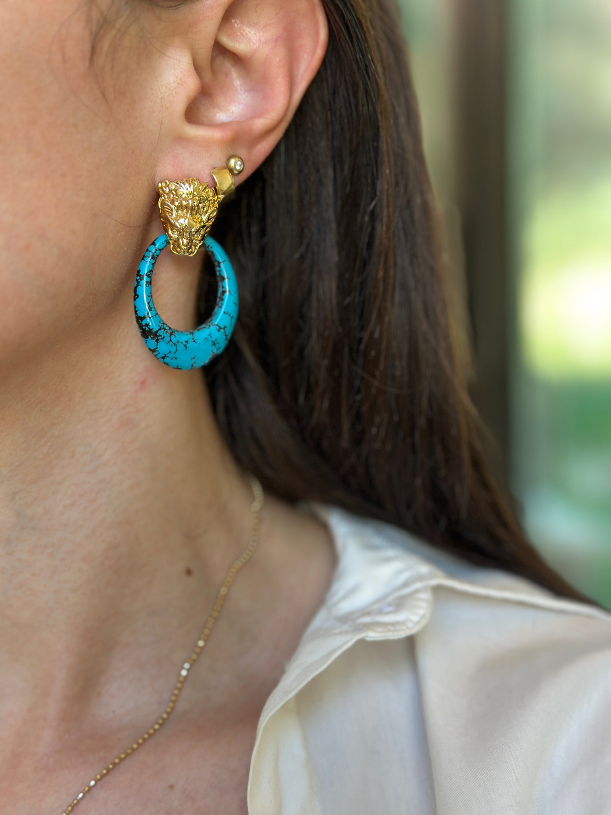Estate Faux Turquoise Oval Door Knocker Earrings Charms