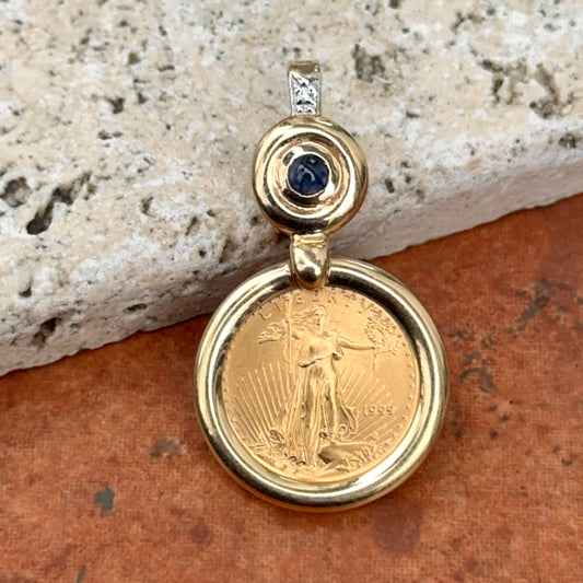 Estate 14KT Yellow Gold American Liberty Coin + Sapphire Pendant