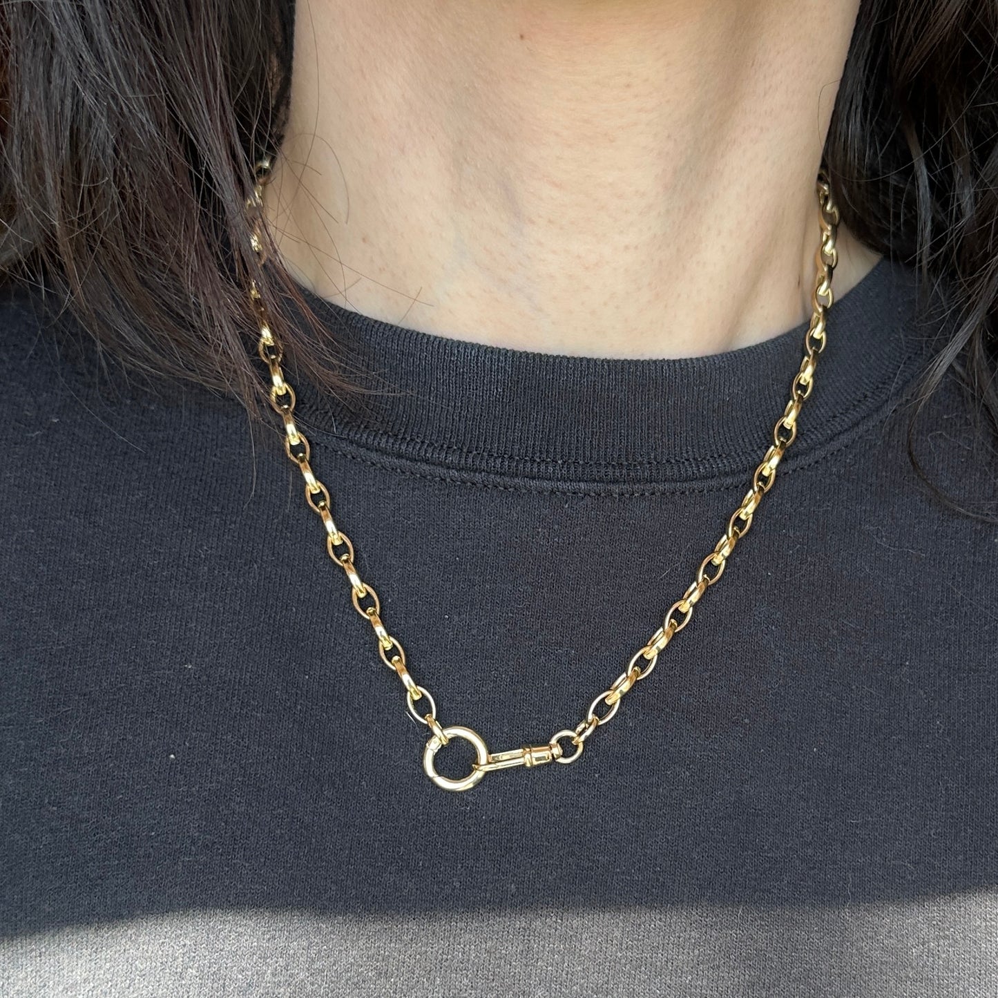 14KT Yellow Gold Oval Chain Swivel Hinged Clasp Charm Hanger Necklace 18"