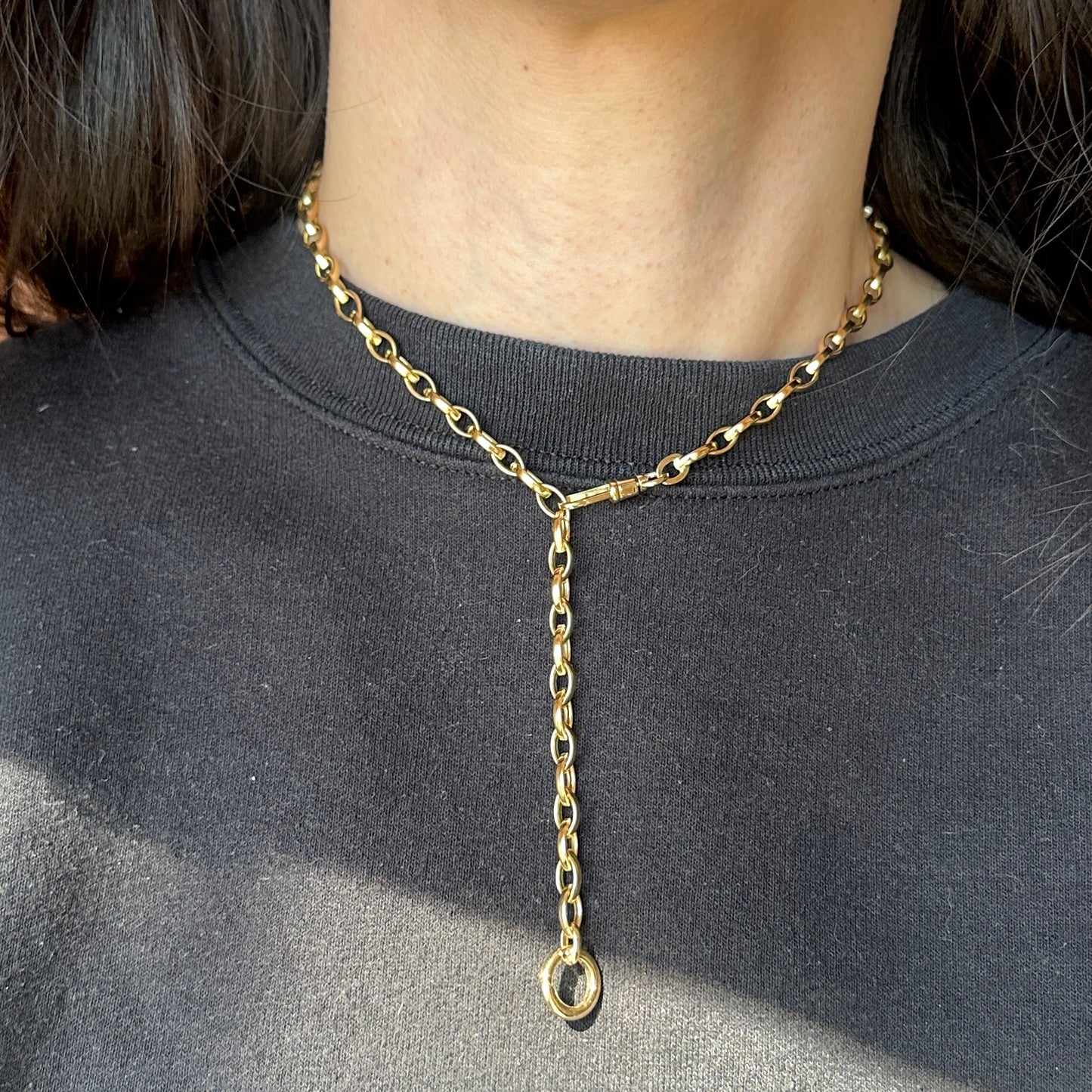 14KT Yellow Gold Oval Chain Swivel Hinged Clasp Charm Hanger Necklace 18"