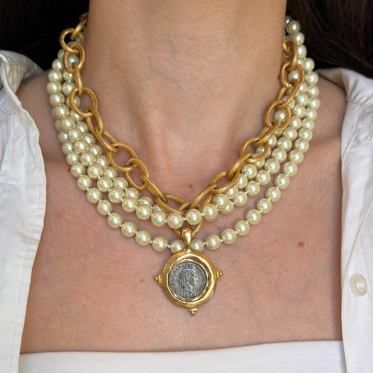 Estate Gold-Tone Faux Pearl + Coin 4-Strand Necklace