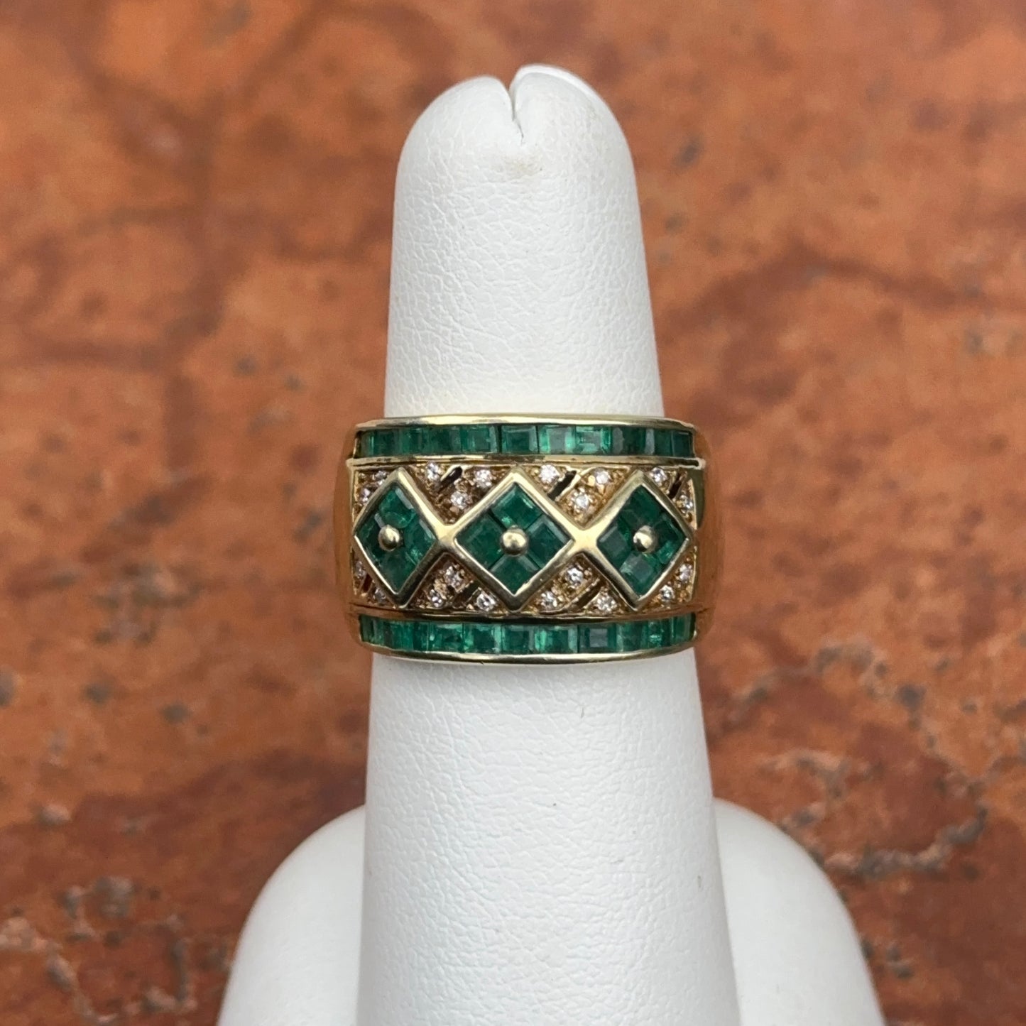 Estate 14KT Yellow Gold Baguette Emerald + Diamond Band Ring