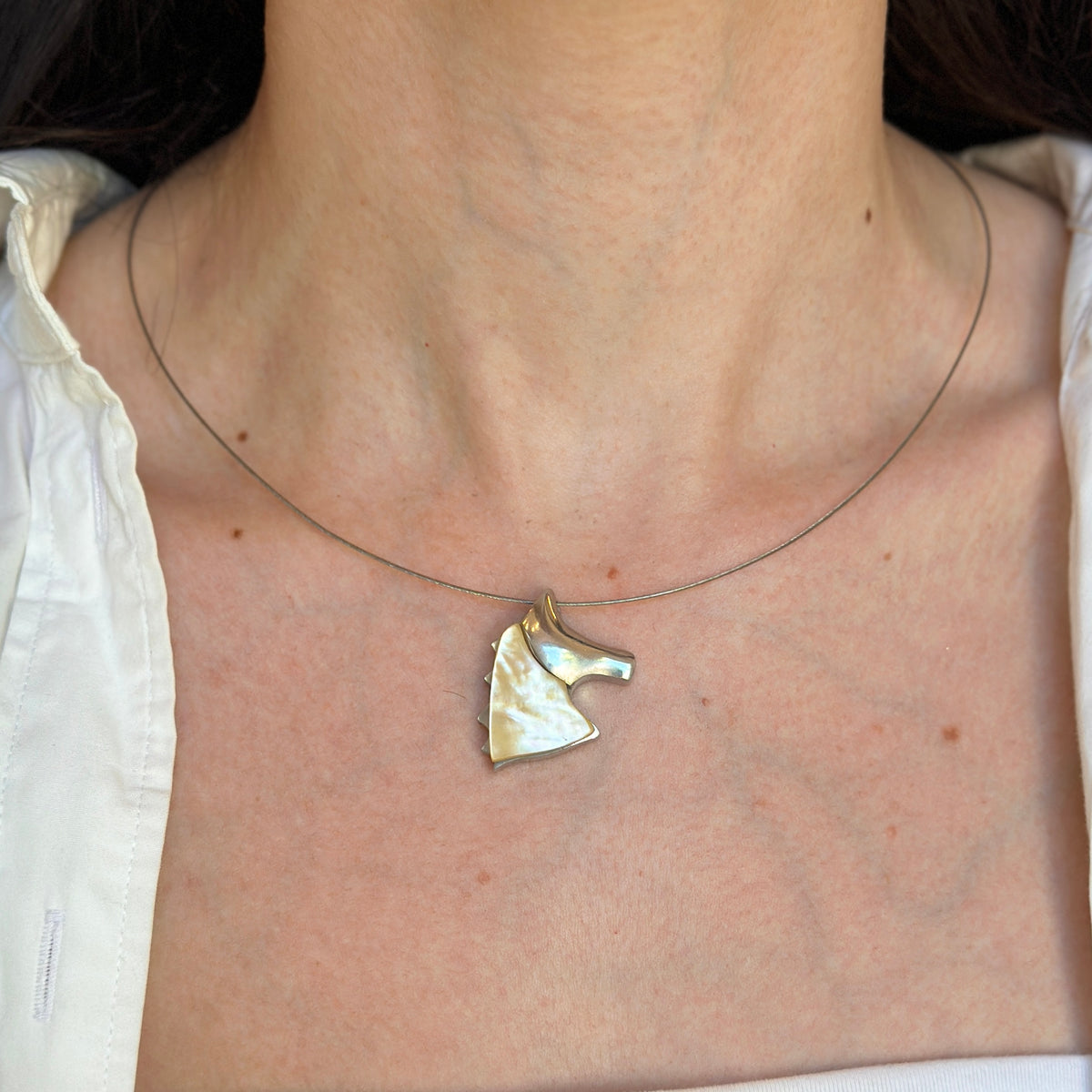 Estate Silver-Tone Abalone Horse Head Pendant Collar Necklace