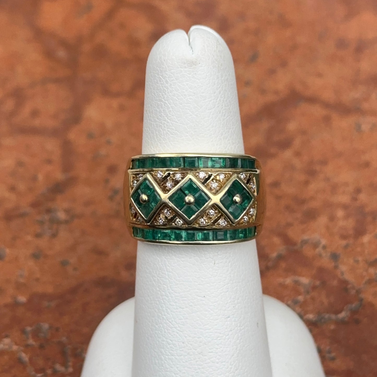 Estate 14KT Yellow Gold Baguette Emerald + Diamond Band Ring