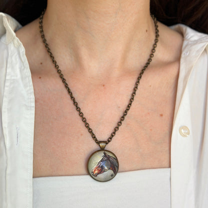 Estate Bronze Painted Horse Pendant Necklace 19.5"