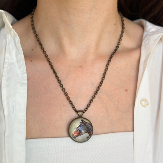 Estate Bronze Painted Horse Pendant Necklace 19.5"