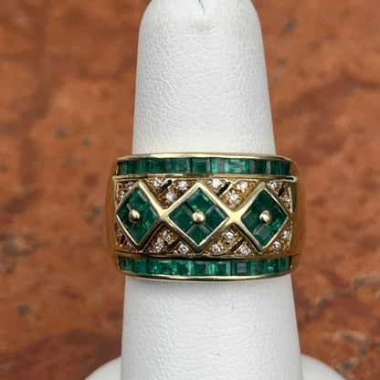 Estate 14KT Yellow Gold Baguette Emerald + Diamond Band Ring