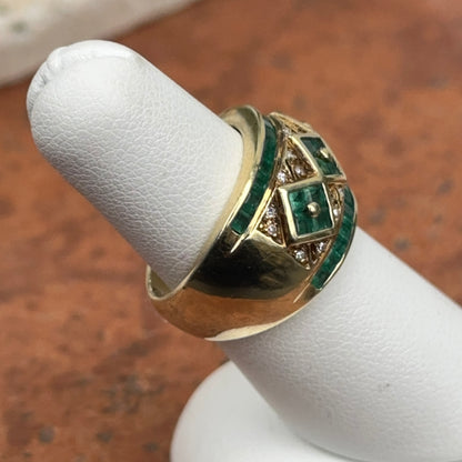 Estate 14KT Yellow Gold Baguette Emerald + Diamond Band Ring