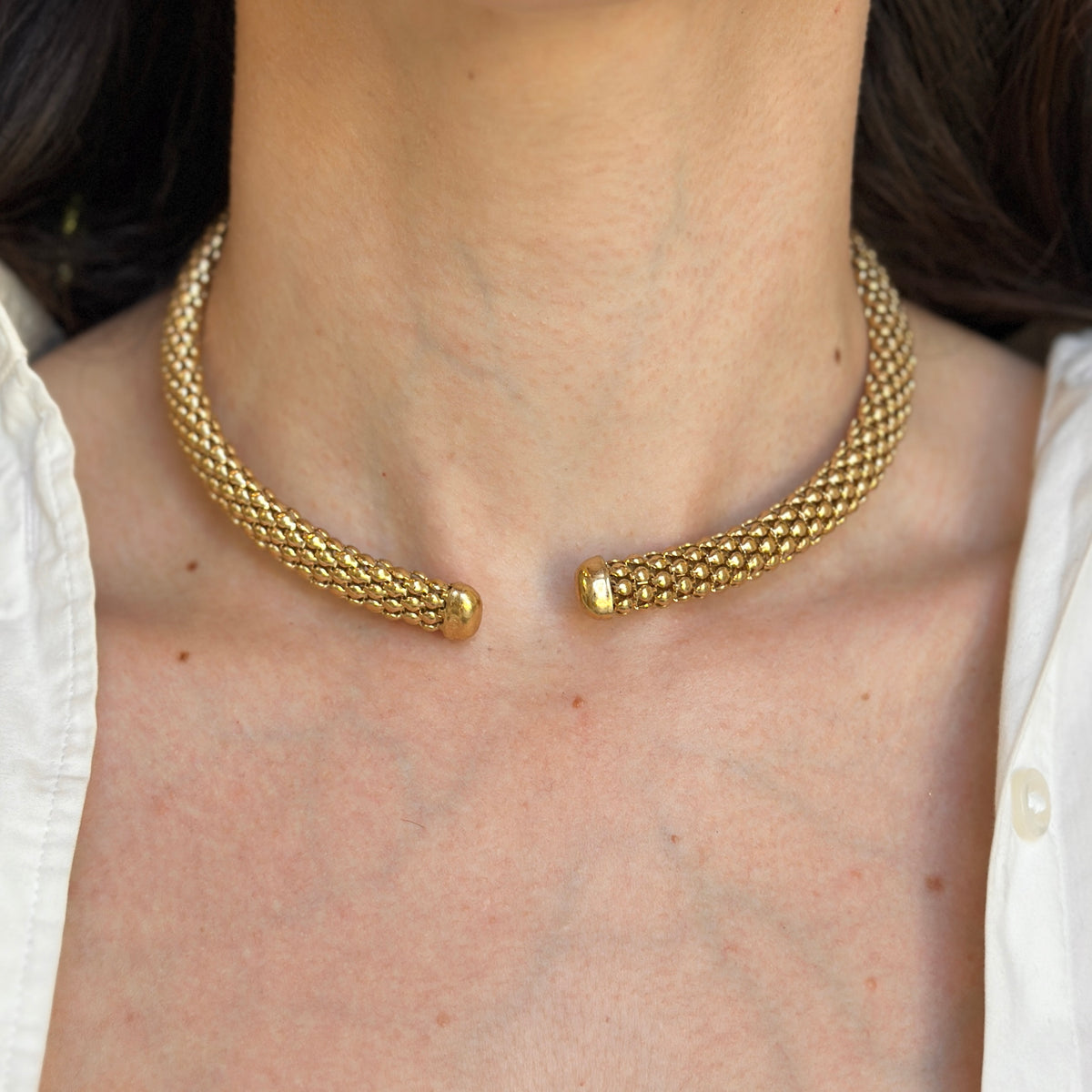 Estate Gold-Tone Popcorn Mesh Open Collar Necklace