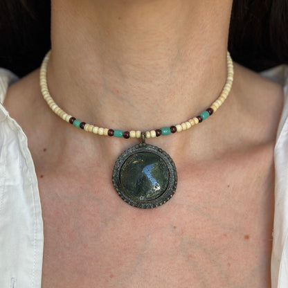 Estate Silver-Tone Beaded Collar + Moss Agate Pendant Necklace