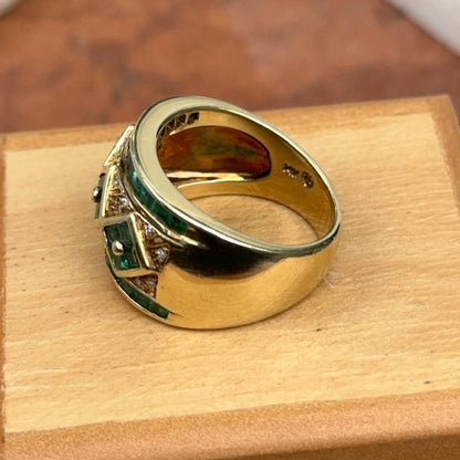 Estate 14KT Yellow Gold Baguette Emerald + Diamond Band Ring