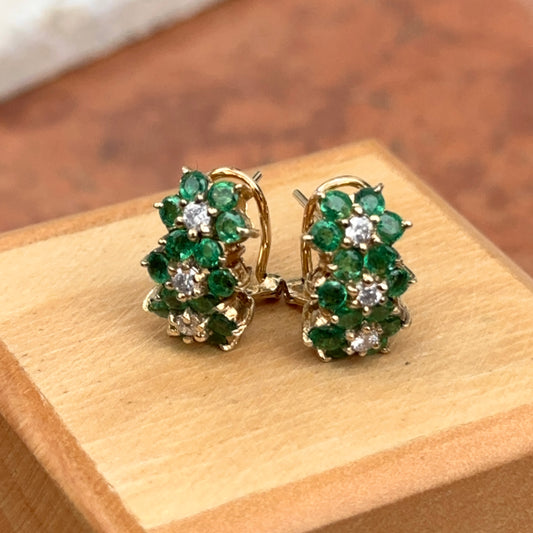 Estate 14KT Yellow Gold Emerald + Diamond Omega Back Earrings