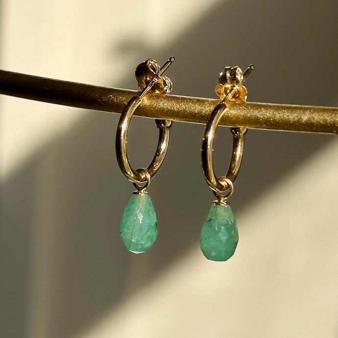 14KT Yellow Gold Teardrop Emerald Charm Hoop Earrings
