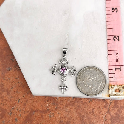 Sterling Silver Ornate Amethyst Heart Cross Pendant