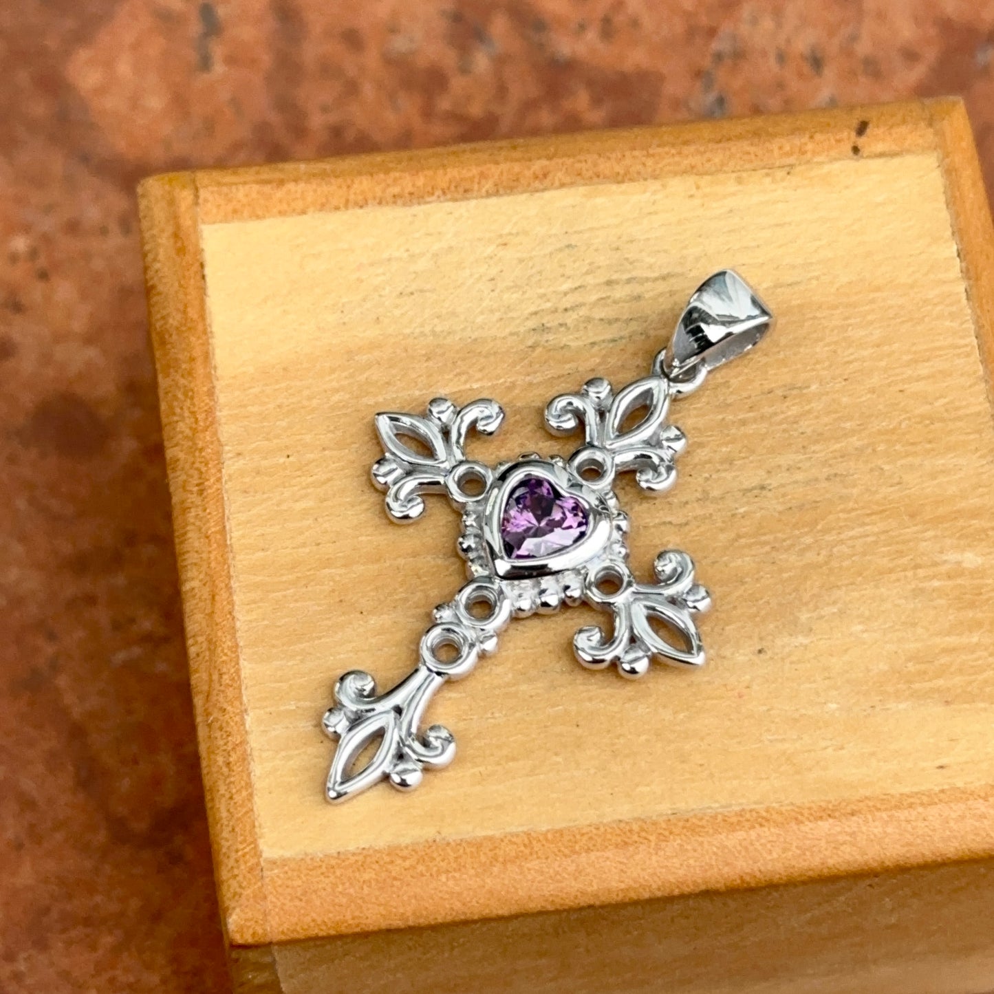 Sterling Silver Ornate Amethyst Heart Cross Pendant