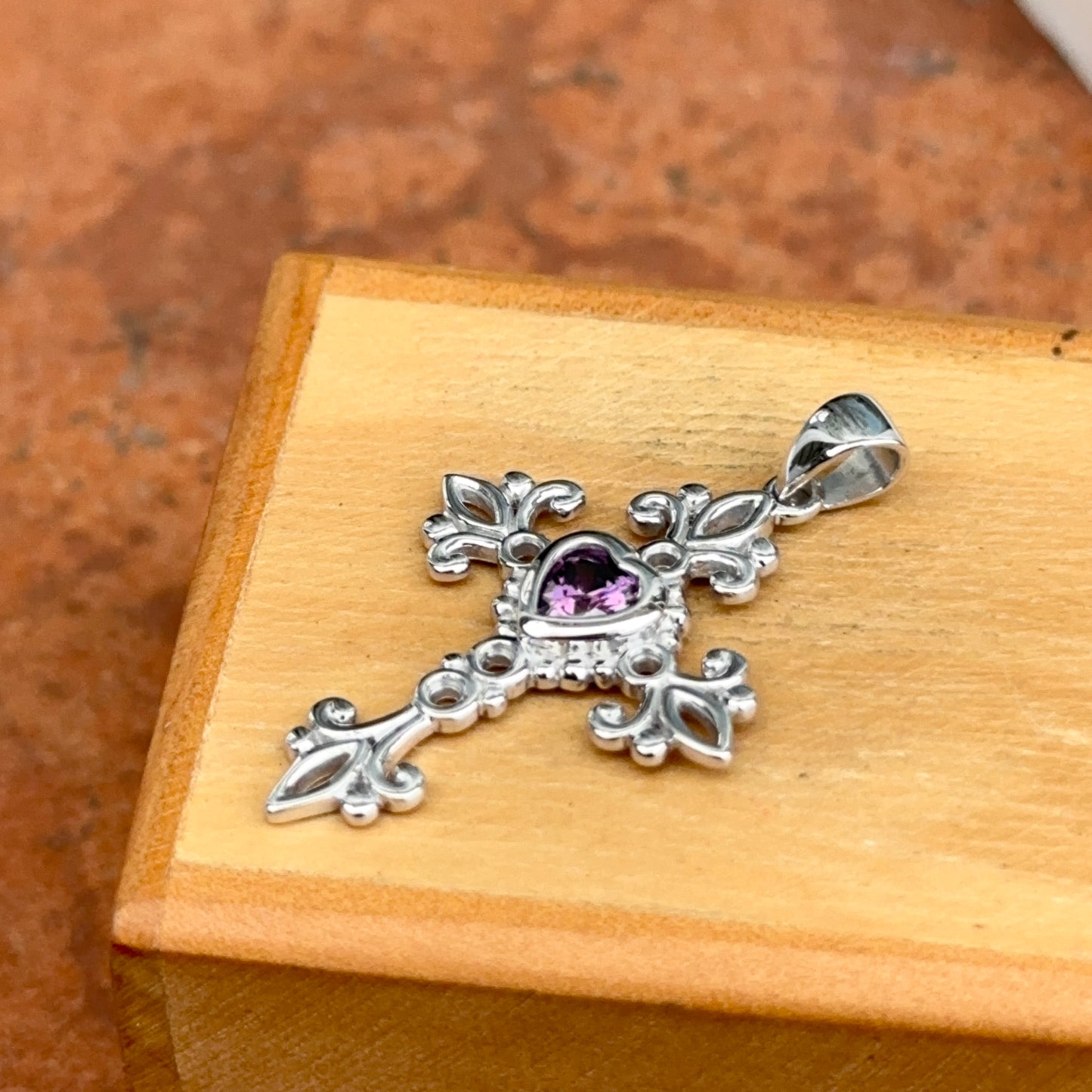 Sterling Silver Ornate Amethyst Heart Cross Pendant
