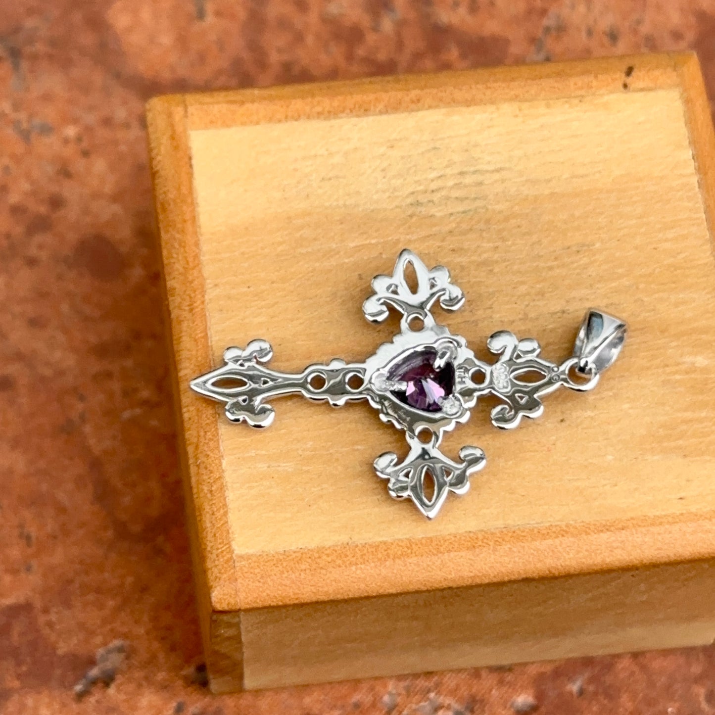 Sterling Silver Ornate Amethyst Heart Cross Pendant