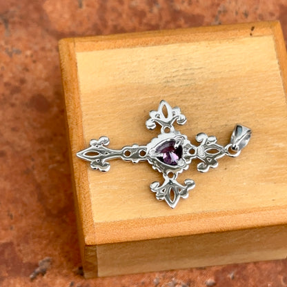 Sterling Silver Ornate Amethyst Heart Cross Pendant