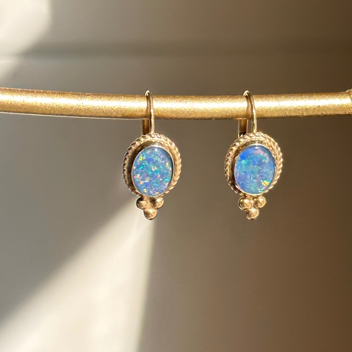 14KT Yellow Gold Oval Opal Triplet Lever Back Earrings