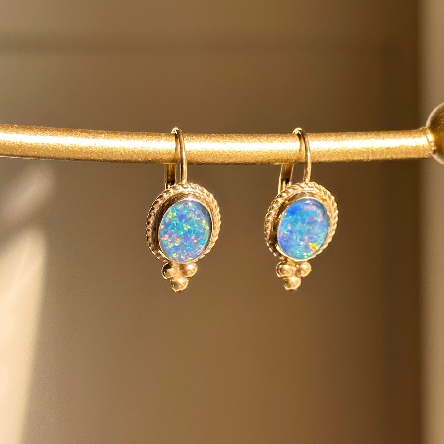 14KT Yellow Gold Oval Opal Triplet Lever Back Earrings