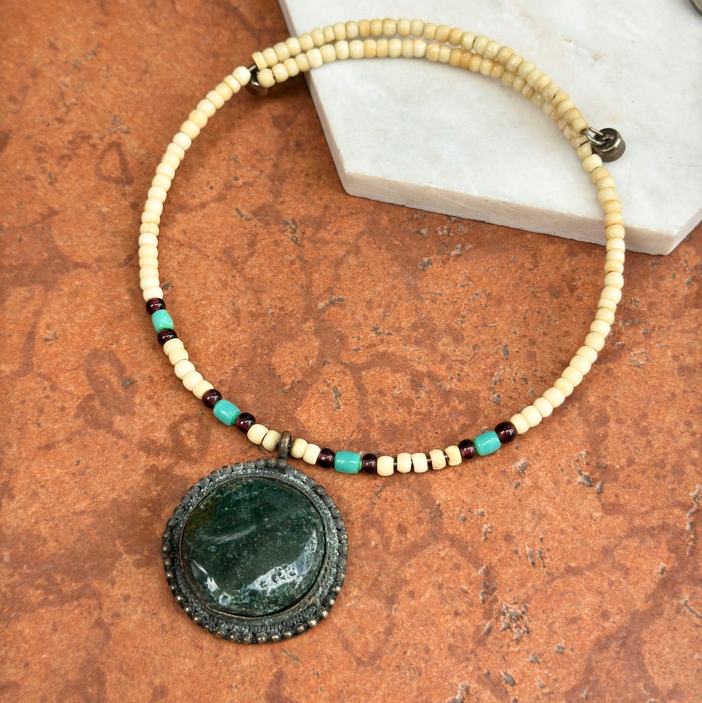 Estate Silver-Tone Beaded Collar + Moss Agate Pendant Necklace
